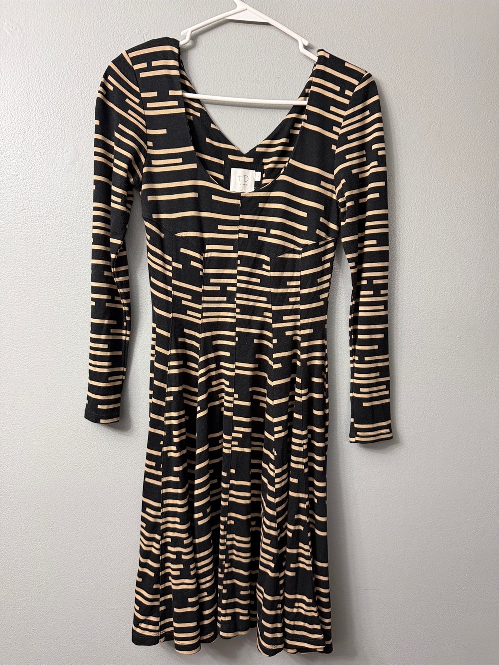 Anthropologie HD in Paris Saraid striped fit flare jersey dress black and tan xs